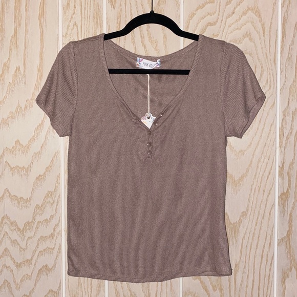 NEW Soft Ribbed Fitted Crop Tee in Brown / Mushroom - Picture 1 of 3
